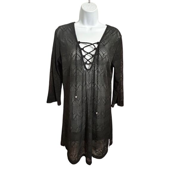APT. 9 Black Sheer Swimsuit Cover-Up Dress Sz Small Laced Up V-Neck 3/4 Sleeves - Picture 2 of 7